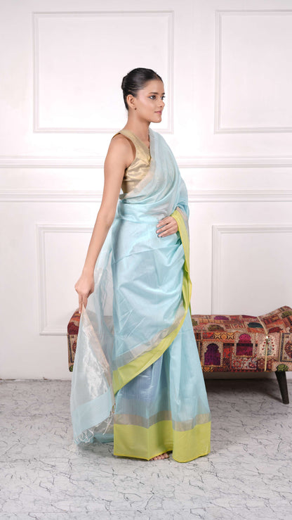 Multicolor plain saree with one side border, cotton silk, color- Lime green/sky blue