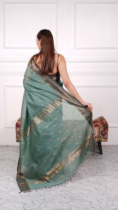 Maheshwar Saree with diamond border & booti, cotton silk, color-Pista green