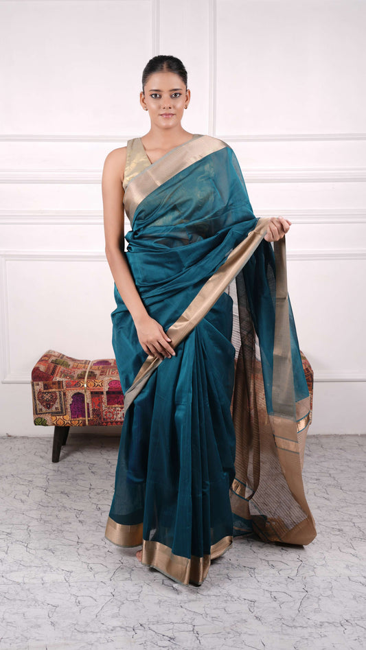 Resham big border Saree, cotton silk, color-Teal/beige
