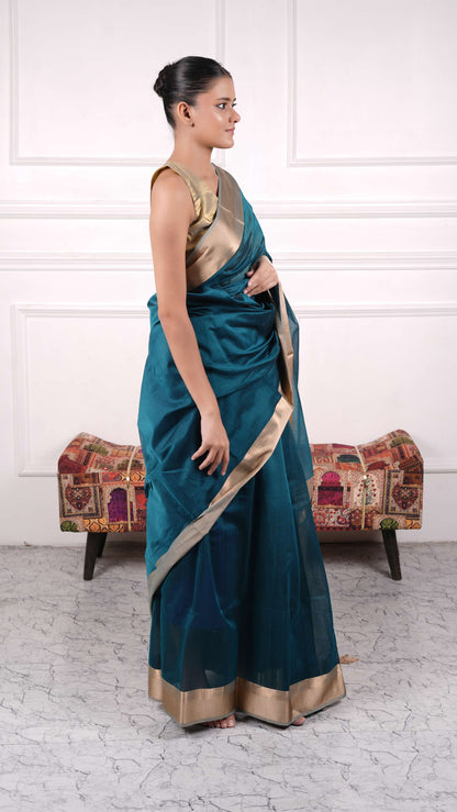 Resham big border Saree, cotton silk, color-Teal/beige
