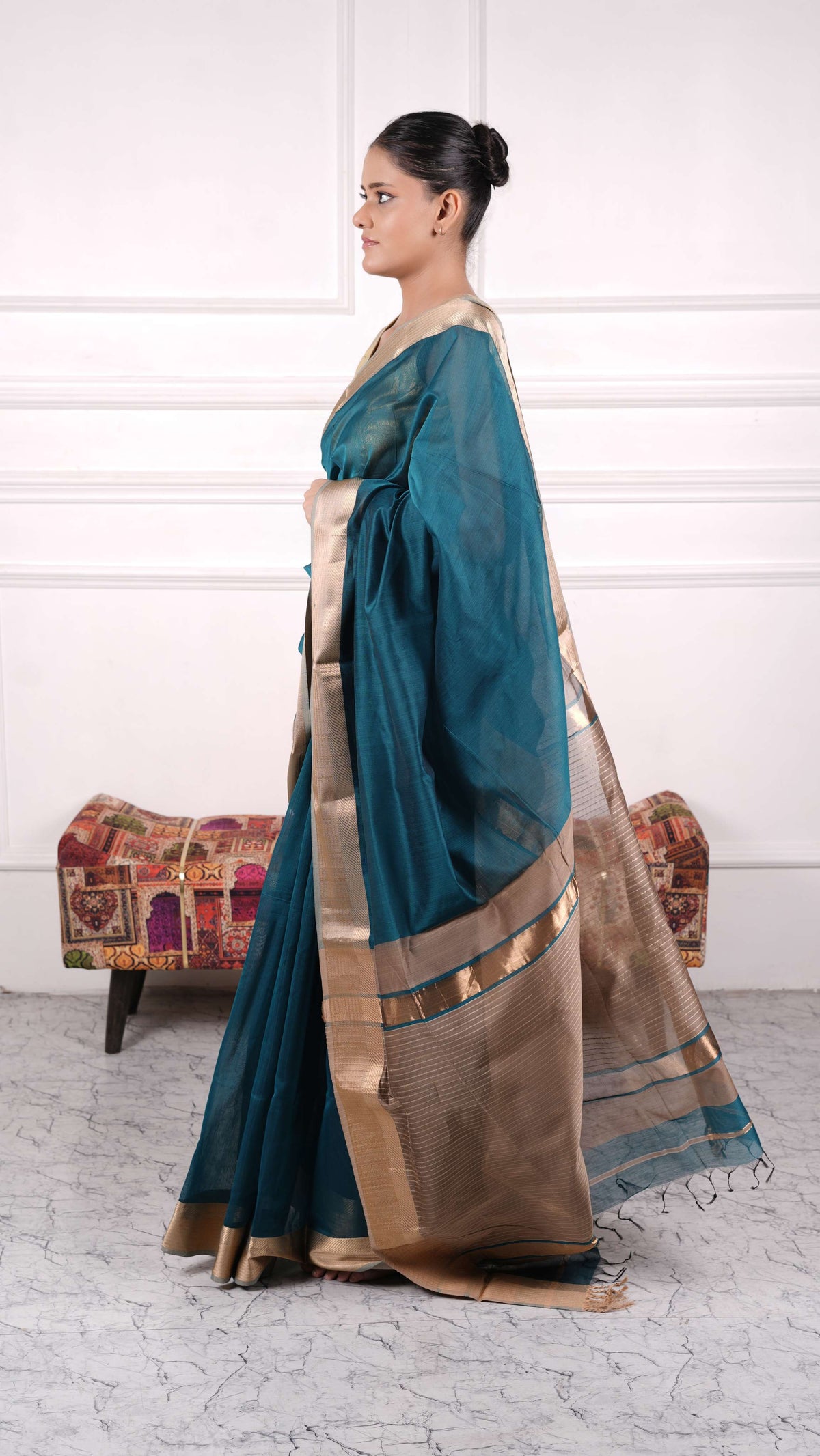 Resham big border Saree, cotton silk, color-Teal/beige