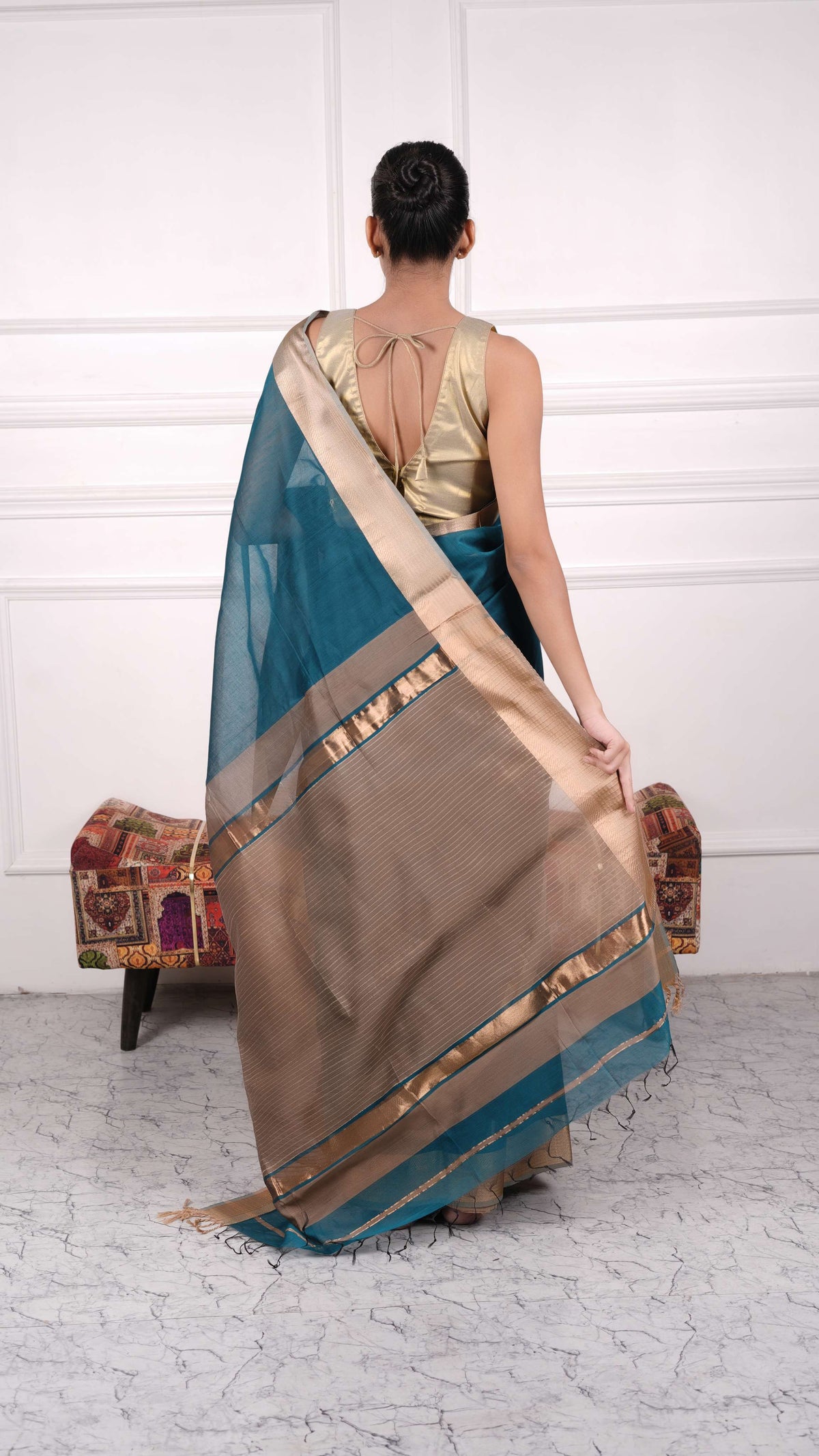 Resham big border Saree, cotton silk, color-Teal/beige