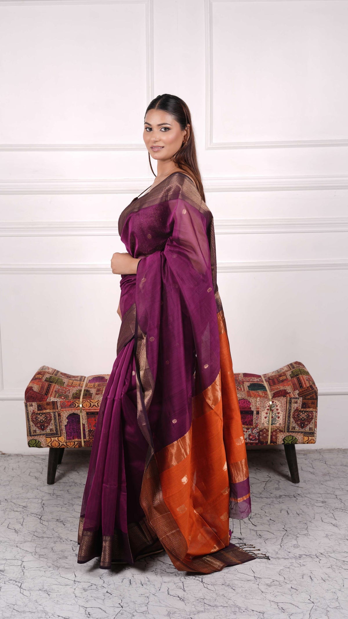 Golden zari, lotus booti saree, cotton silk, color-Orange/Purple
