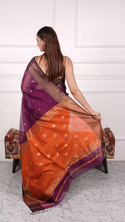 Golden zari, lotus booti saree, cotton silk, color-Orange/Purple
