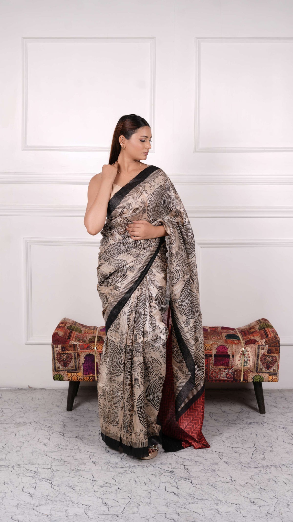 Black with Beige color, 100% pure Tussar Silk, Worli Print Saree