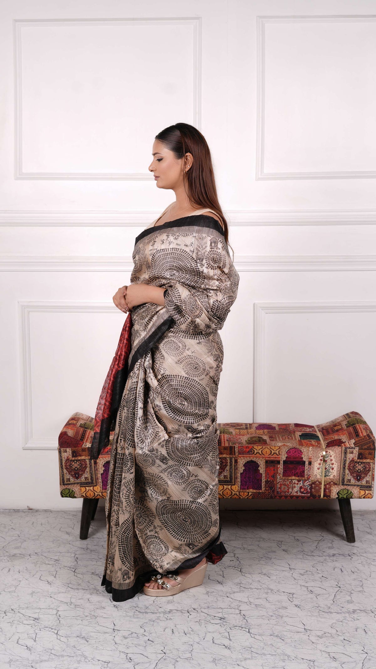 Black with Beige color, 100% pure Tussar Silk, Worli Print Saree