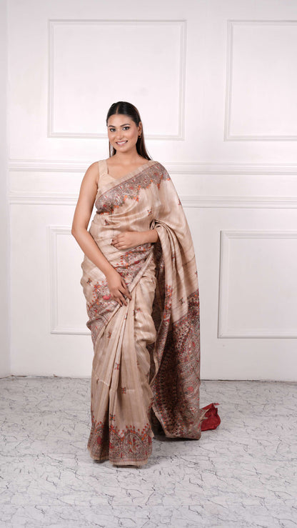 Beige with Red color, 100% pure Tussar Silk, Madhubani Print Saree
