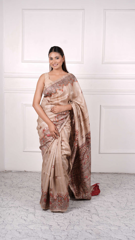 Beige with Red color, 100% pure Tussar Silk, Madhubani Print Saree