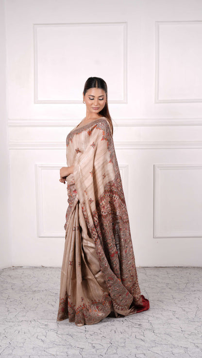 Beige with Red color, 100% pure Tussar Silk, Madhubani Print Saree
