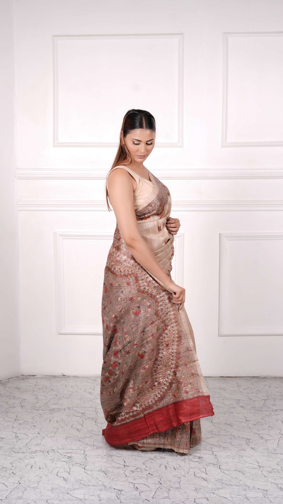 Beige with Red color, 100% pure Tussar Silk, Madhubani Print Saree