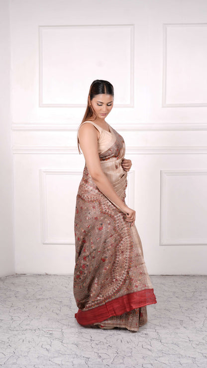 Beige with Red color, 100% pure Tussar Silk, Madhubani Print Saree