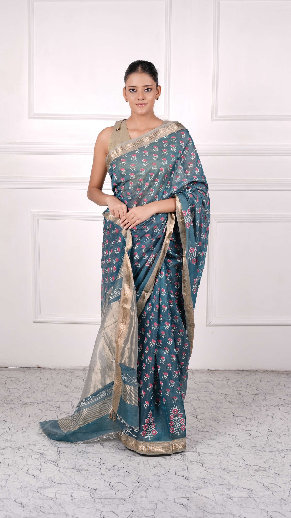 Block Print, cotton silk saree with zari, zig-zag border, color-Teal