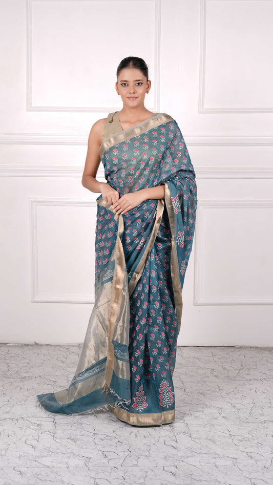Block Print, cotton silk saree with zari, zig-zag border, color-Teal