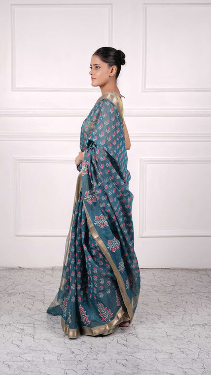 Block Print, cotton silk saree with zari, zig-zag border, color-Teal