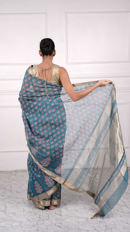 Block Print, cotton silk saree with zari, zig-zag border, color-Teal
