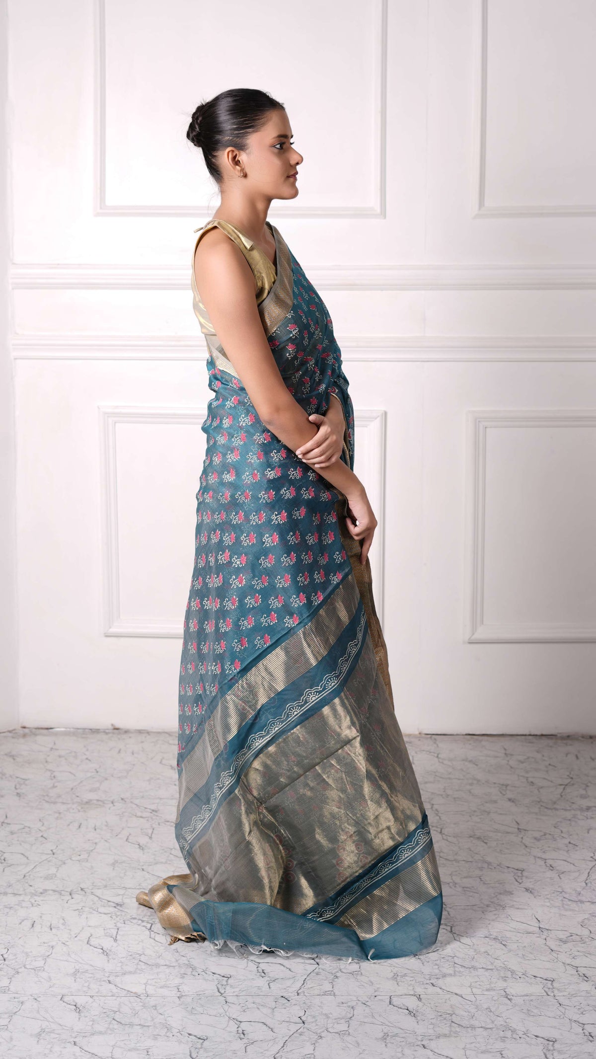 Block Print, cotton silk saree with zari, zig-zag border, color-Teal