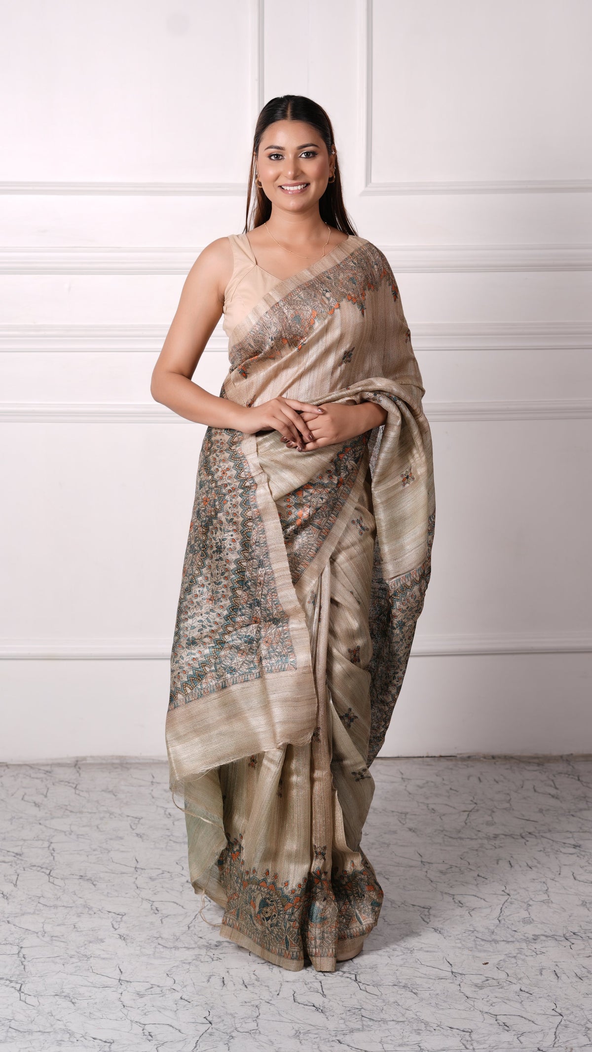 Beige with Teal color, 100% pure Tussar Silk, Madhubani Print Saree