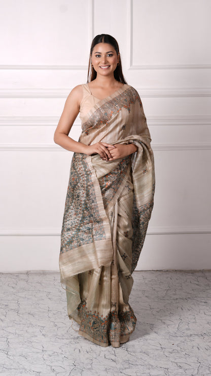 Beige with Teal color, 100% pure Tussar Silk, Madhubani Print Saree