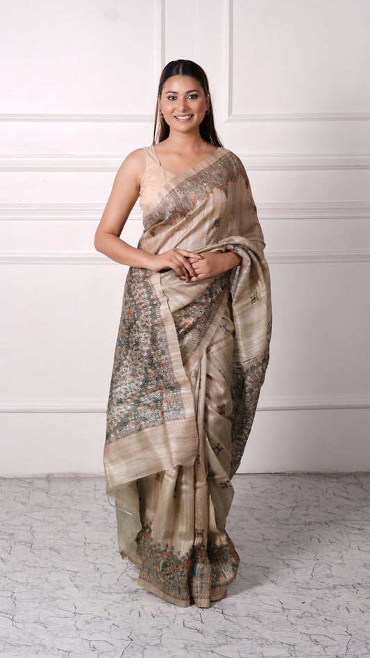 Beige with Teal color, 100% pure Tussar Silk, Madhubani Print Saree