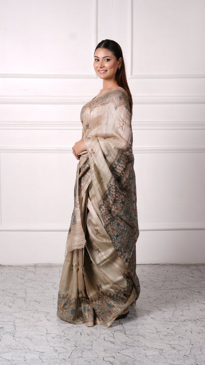 Beige with Teal color, 100% pure Tussar Silk, Madhubani Print Saree