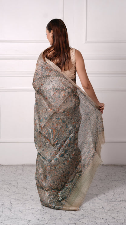 Beige with Teal color, 100% pure Tussar Silk, Madhubani Print Saree