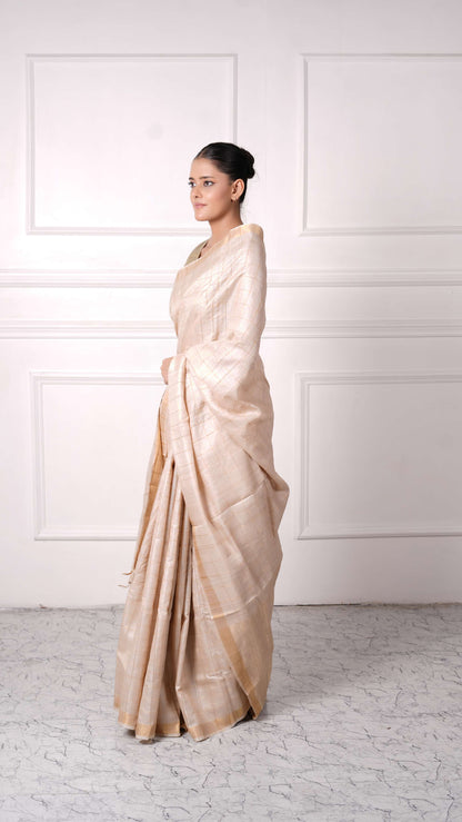 Golden color check pattern saree, Tussar Silk