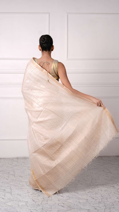 Golden color check pattern saree, Tussar Silk