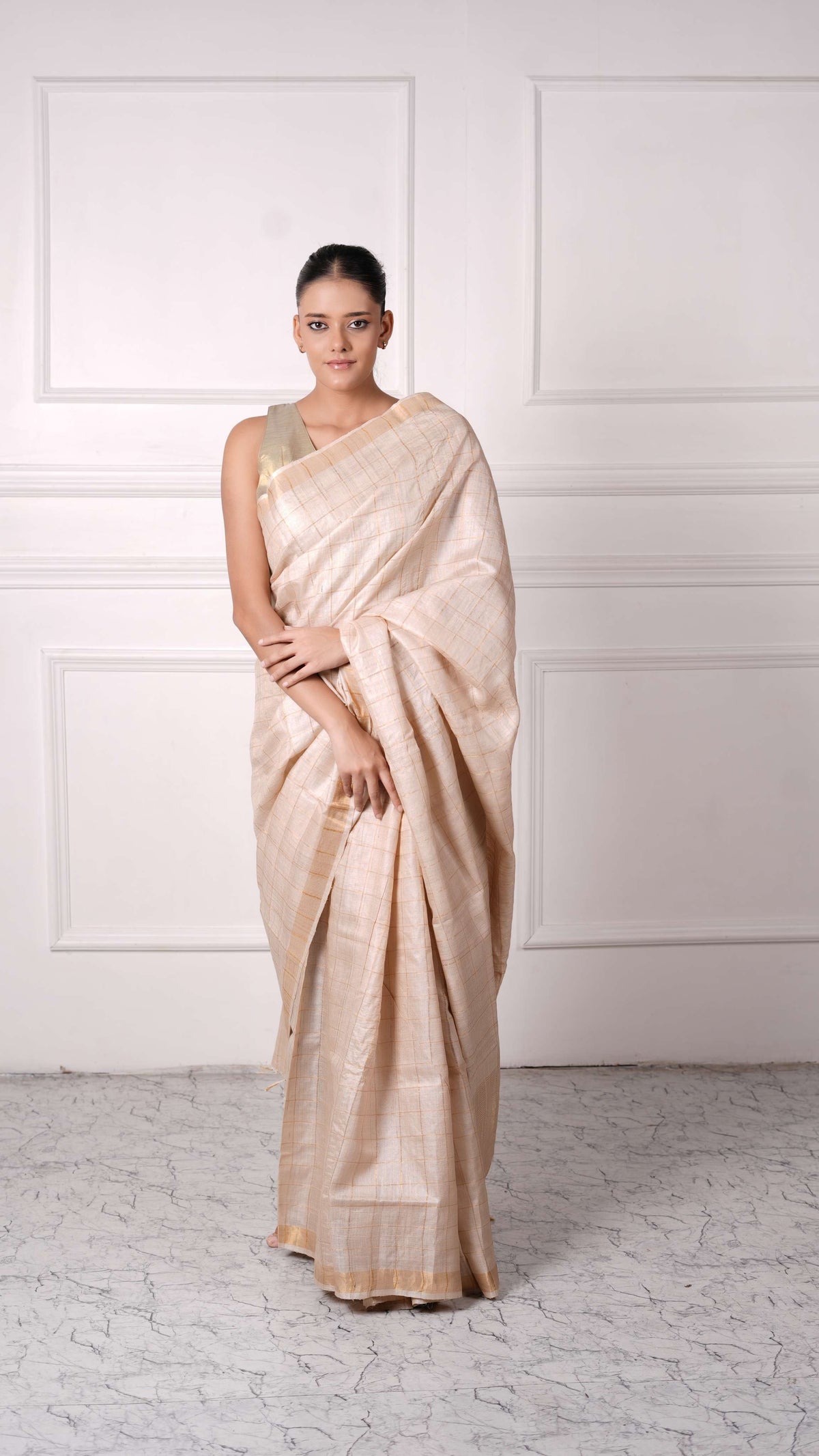 Golden color check pattern saree, Tussar Silk