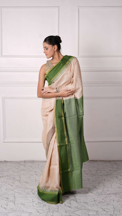 Golden color with Green aanchal, temple pattern saree, Tussar Silk