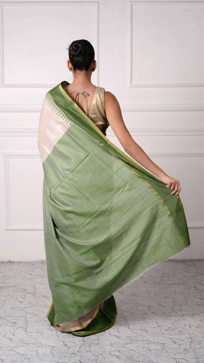 Golden color with Green aanchal, temple pattern saree, Tussar Silk