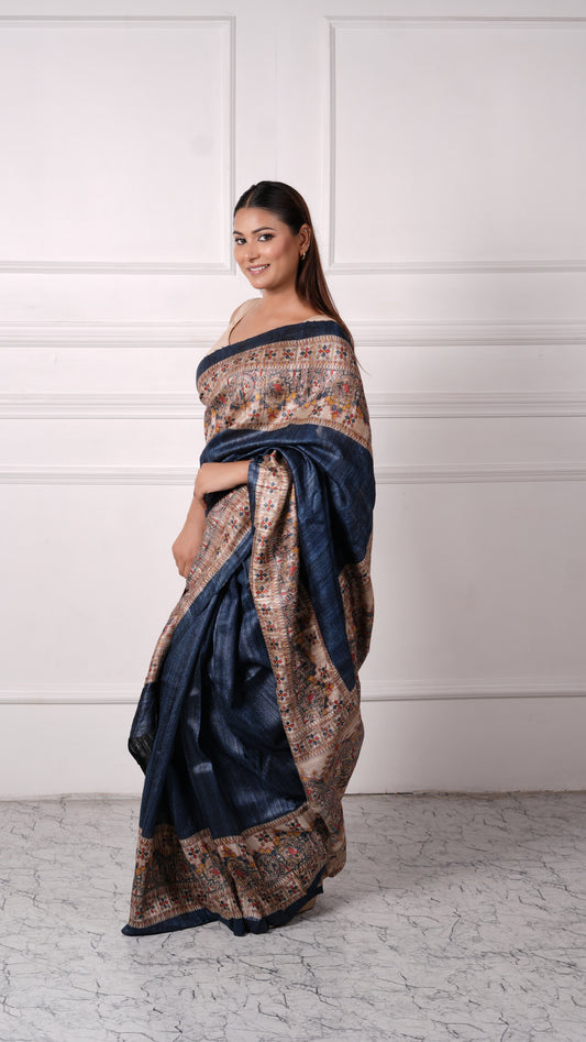 Blue with Beige color, 100% pure Tussar Silk, Madhubani Print Saree