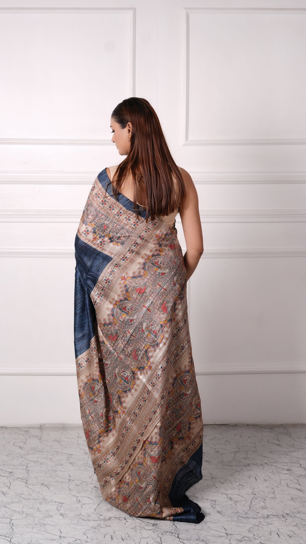 Blue with Beige color, 100% pure Tussar Silk, Madhubani Print Saree
