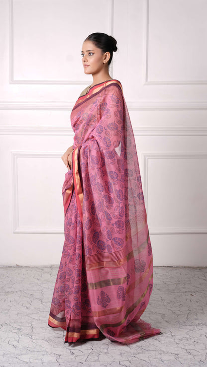 Block Print, cotton silk saree with golden plain border, color-Dusty Rose