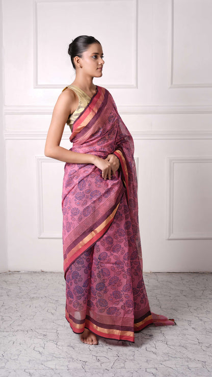 Block Print, cotton silk saree with golden plain border, color-Dusty Rose