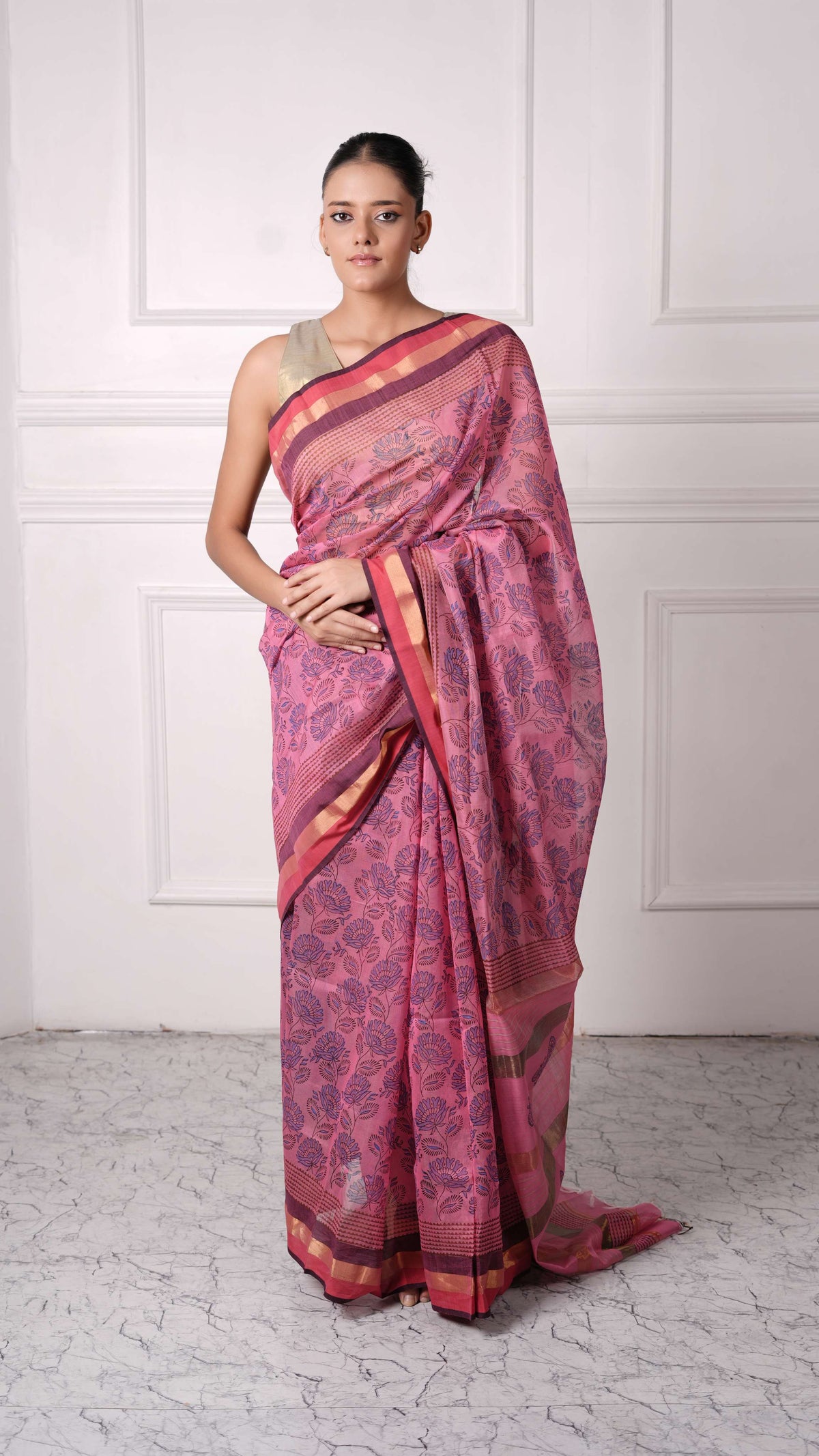 Block Print, cotton silk saree with golden plain border, color-Dusty Rose