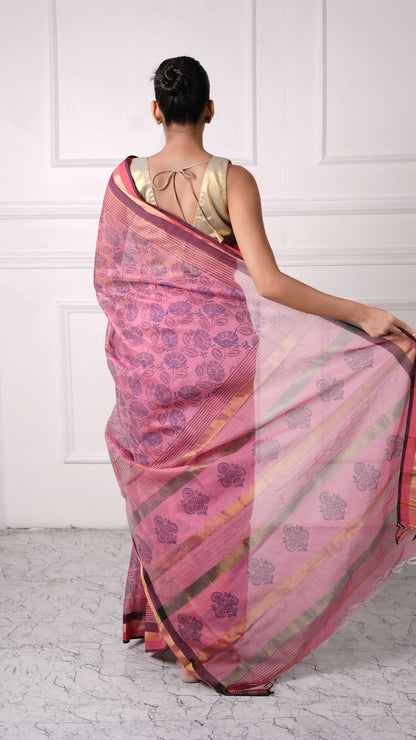 Block Print, cotton silk saree with golden plain border, color-Dusty Rose