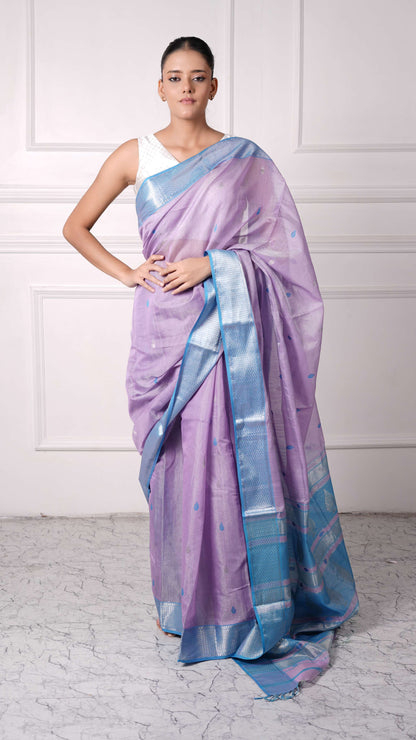 Tissue Saree with silver zari border, cotton silk, candy color-lavender