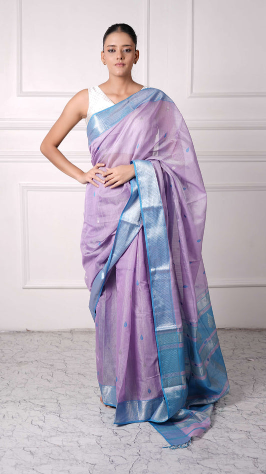 Tissue Saree with silver zari border, cotton silk, candy color-lavender
