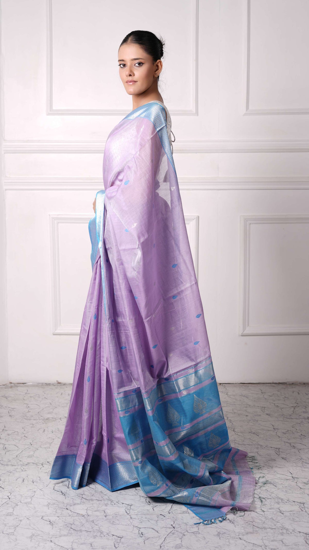 Tissue Saree with silver zari border, cotton silk, candy color-lavender