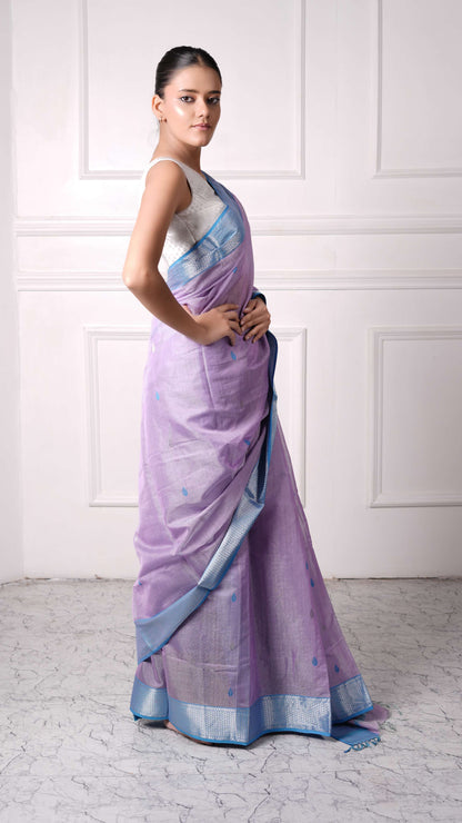 Tissue Saree with silver zari border, cotton silk, candy color-lavender