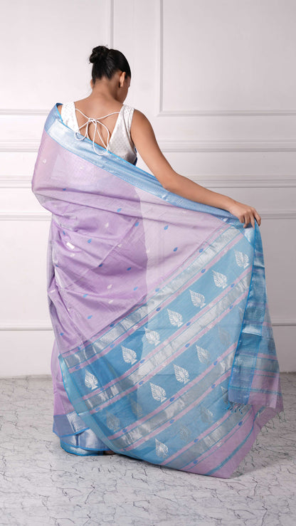 Tissue Saree with silver zari border, cotton silk, candy color-lavender