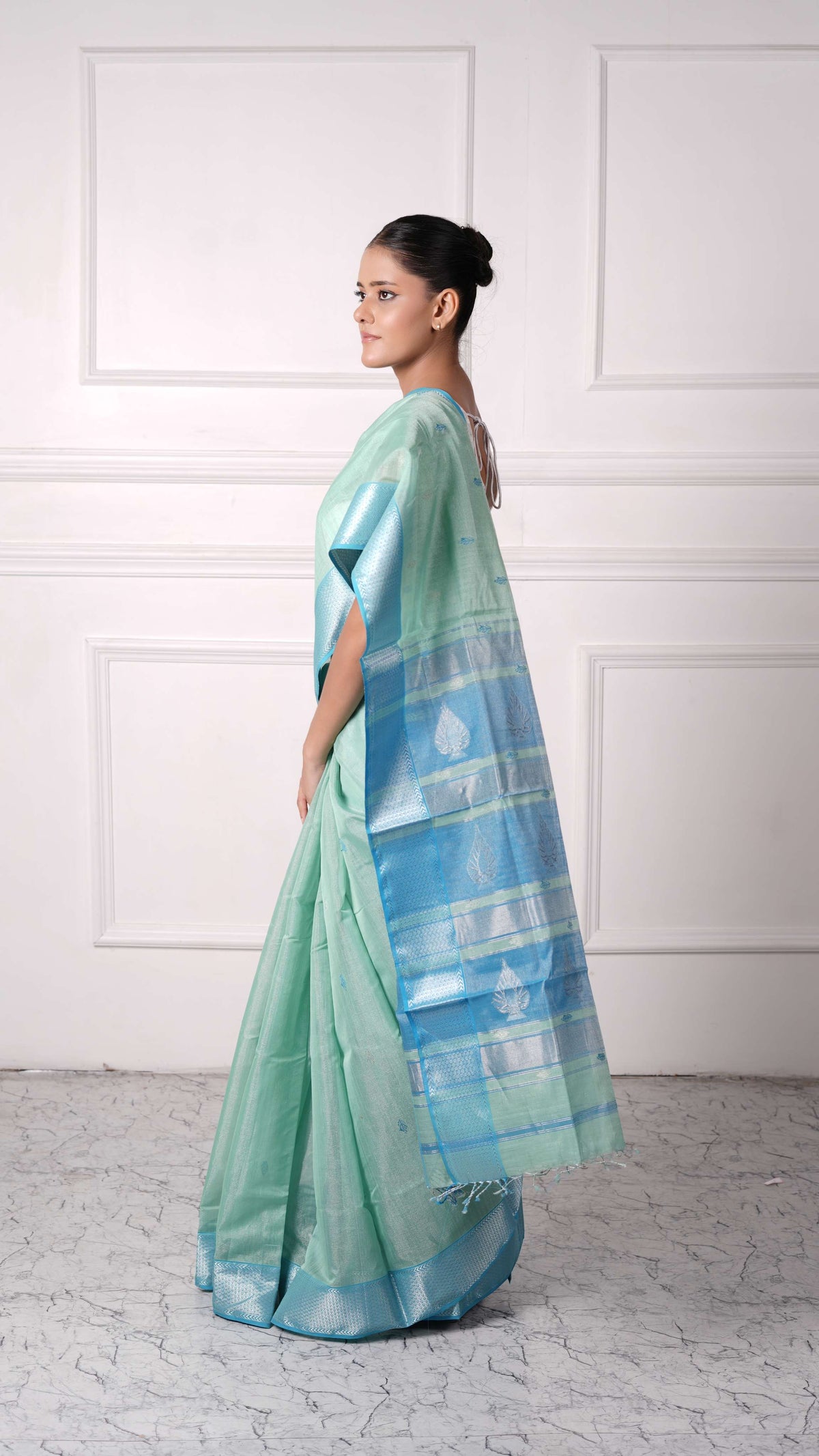 Tissue Saree with silver zari border, cotton silk, candy color-Sea green