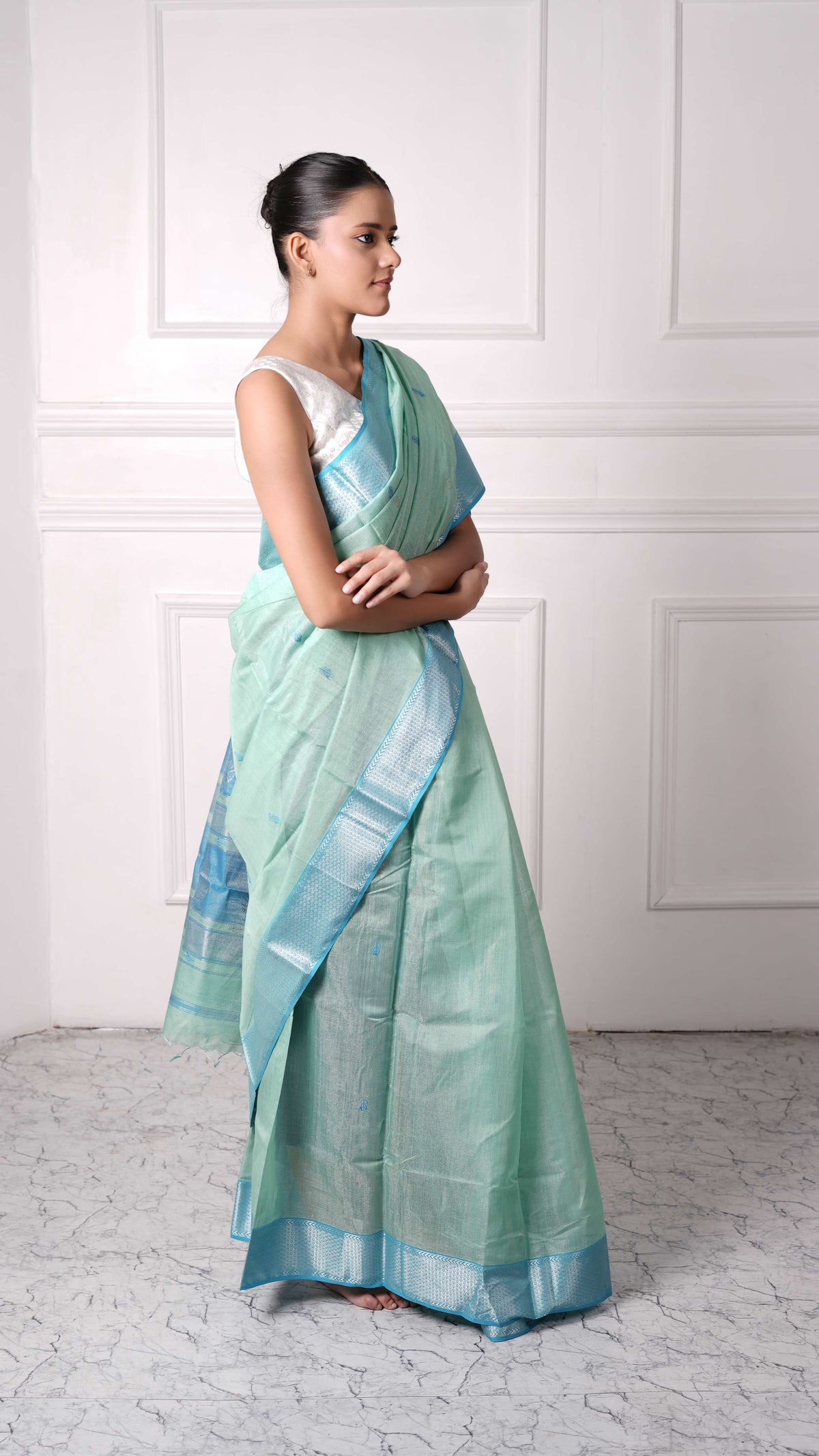 Tissue Saree with silver zari border, cotton silk, candy color-Sea green