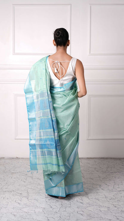 Tissue Saree with silver zari border, cotton silk, candy color-Sea green