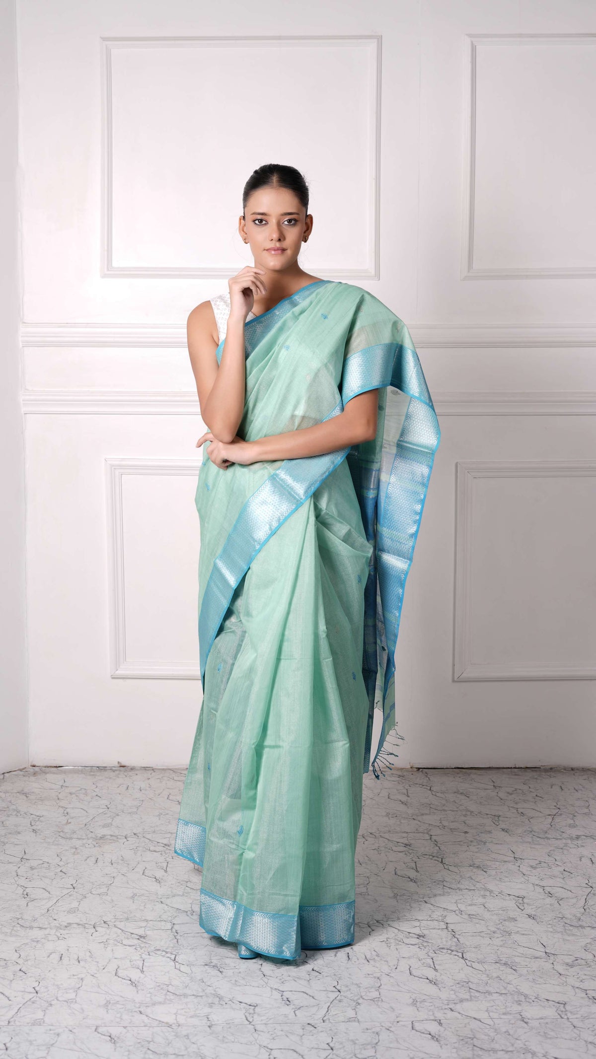 Tissue Saree with silver zari border, cotton silk, candy color-Sea green