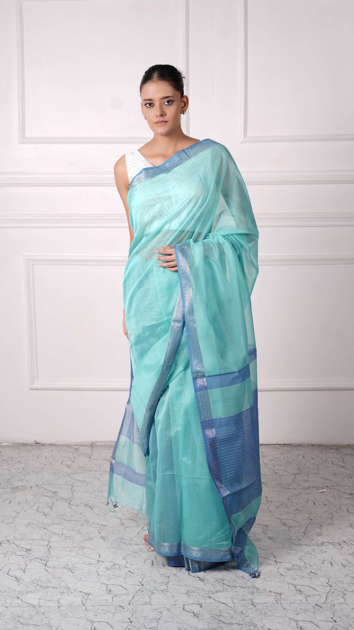 Silver zari border plain saree, cotton silk, color-Cyan/Sky blue