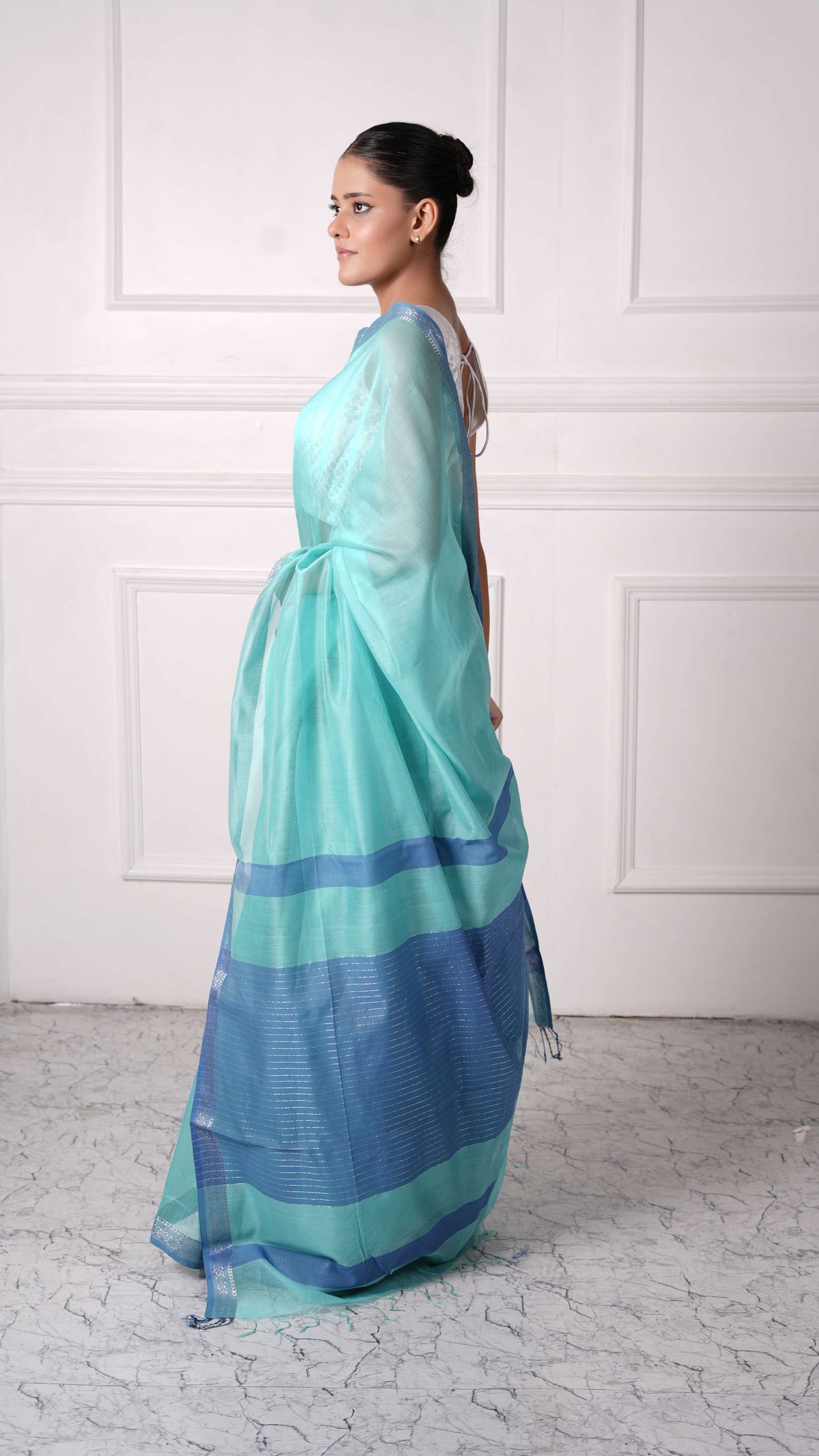 Silver zari border plain saree, cotton silk, color-Cyan/Sky blue
