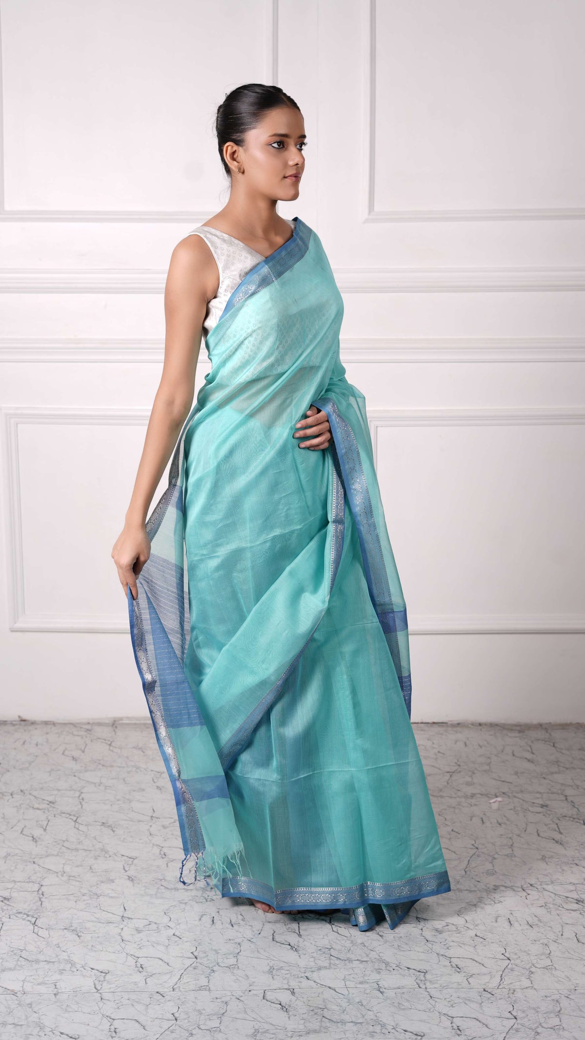 Silver zari border plain saree, cotton silk, color-Cyan/Sky blue