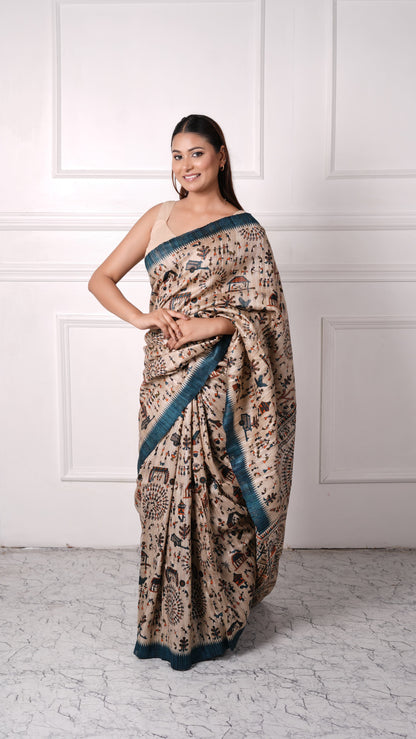 Beige with Teal color, 100% pure tussar silk, Worli Print Saree
