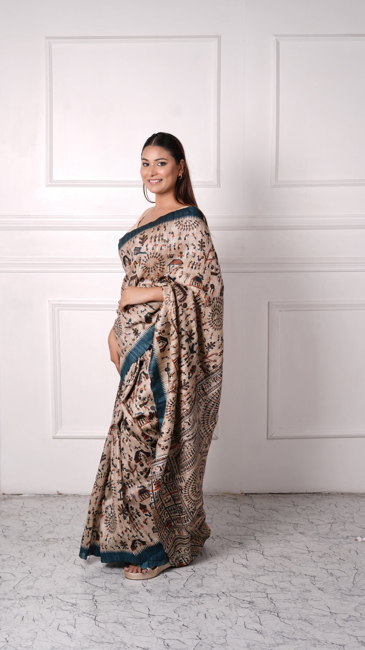 Beige with Teal color, 100% pure tussar silk, Worli Print Saree